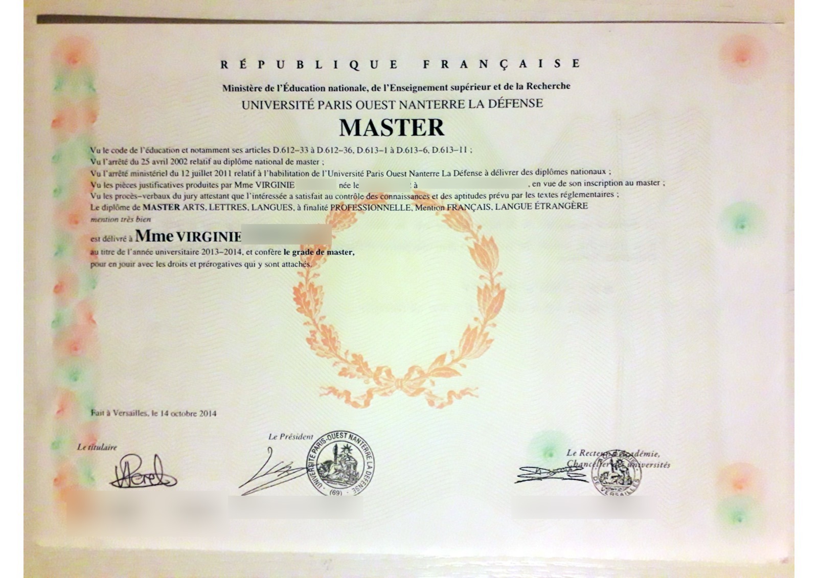 Virginie's Master's degree diploma in Teaching French as a Foreign Language (FLE)